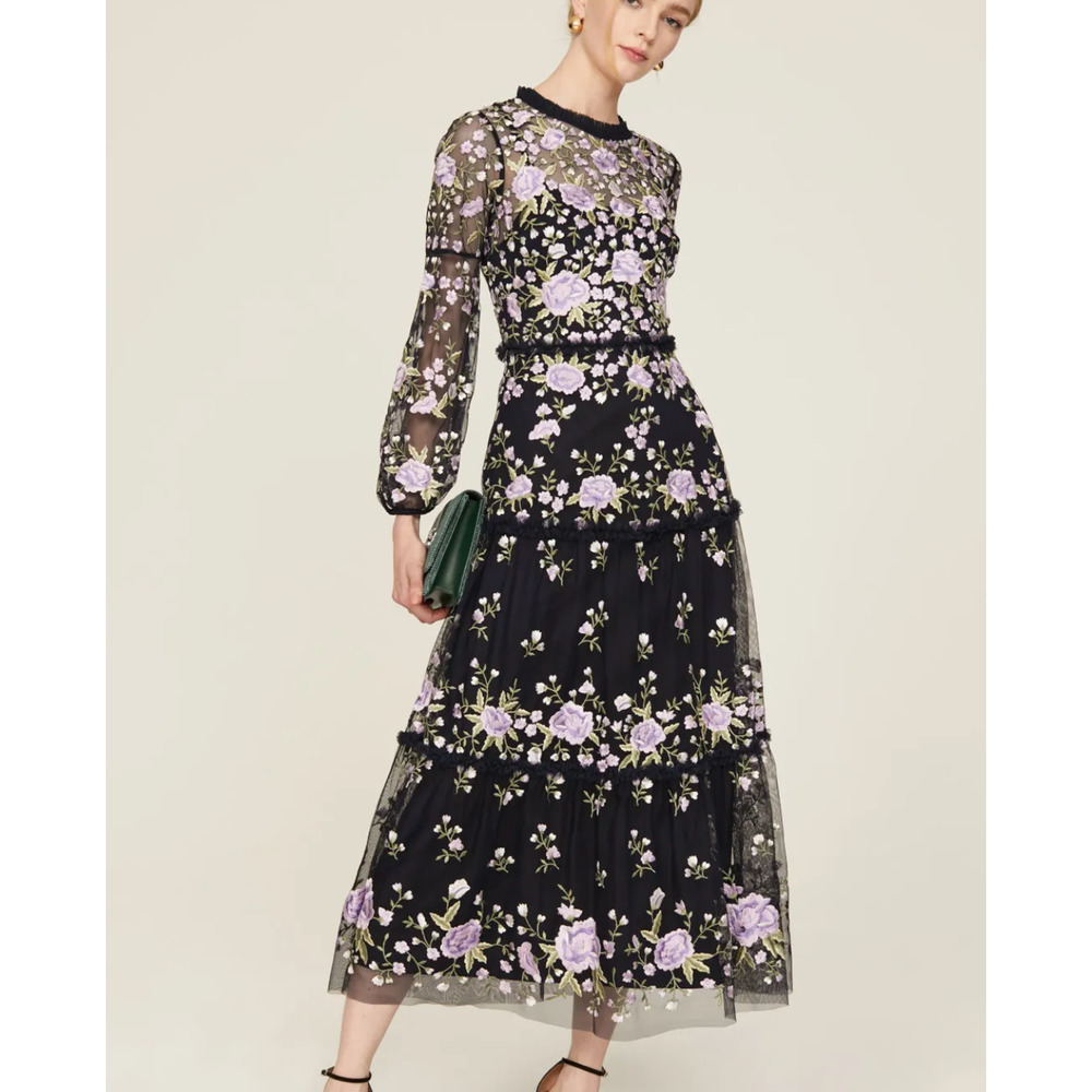 Mac Duggal Black Midi Dress with Lavender Floral Embroidery